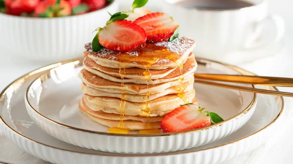 Composició d'esmorzar amb una pila de pancakes daurats coberts amb maduixes fresques i xarop, servit en un plat blanc