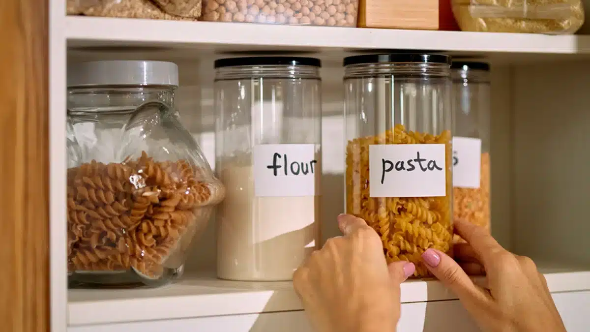 Despensa con botes básicos de comida como harina o pasta